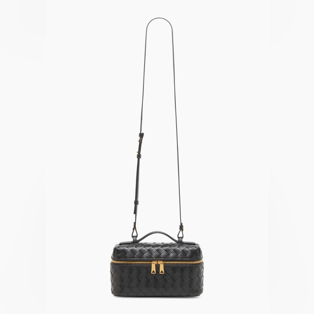 Bottega Veneta Black Woven Leather Crossbody Vanity Bag with Gold Hardware